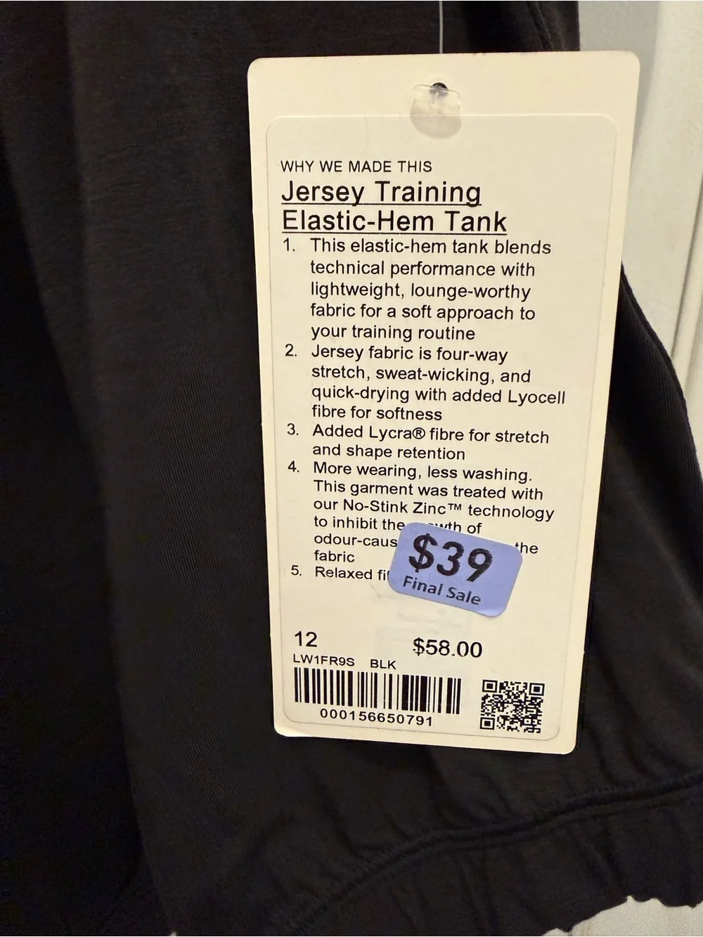 Lululemon Jersey Training Elastic-Hem Tank Black